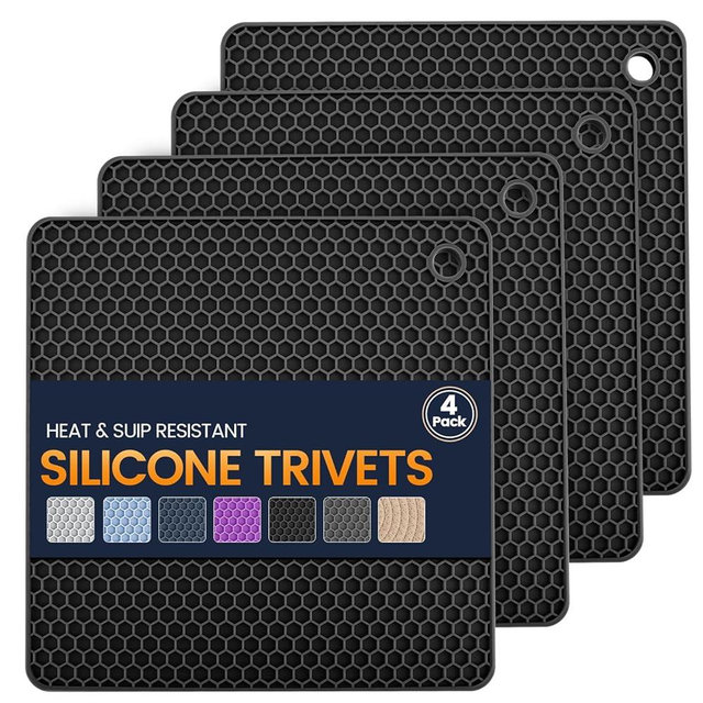 Silicone Trivet Mats 4 Heat Resistant Pot Holders Multipurpose Non-Slip Hot Pads for Kitchen Potholders, Drying mat, Jar Opener, Spoon Holder, Coaster.(Dark Black)