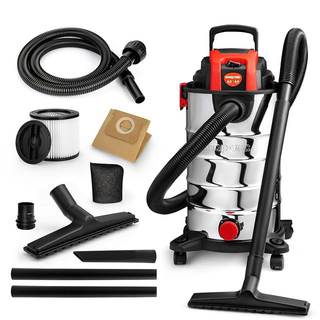 Shop-Vac 8 Gallon 4.0 HP Wet/Dry Vacuum with Blower Function, Stainless Steel Tank, Portable Shop Vacuum with Wheels, Includes Filters, Hose & Accessories, Ideal for Garage and Workshop