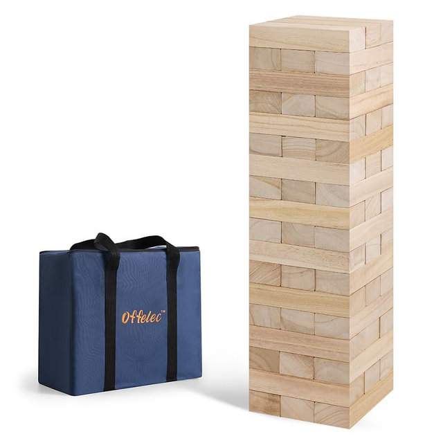 Offelec Large Tumble Tower Game, Giant Wooden Blocks Lawn Yard Games 1.8 FT Tall Grows to 3.6 FT with Carry Case Outdoor Timber Stacking Game Night Toy Gift for Kids Adults Family 6'x2'x1.2'x54pcs
