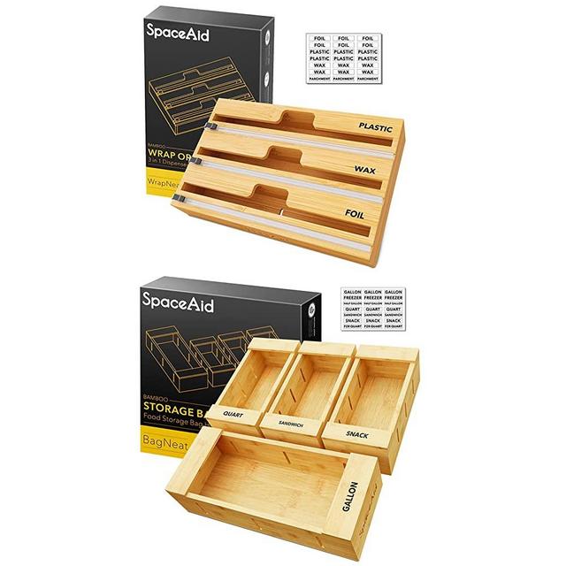 SpaceAid WrapNeat 3 in 1 Wrap Dispenser with Cutter and Labels, SpaceAid Bag Storage Organizer for Kitchen Drawer, (4 Pack)