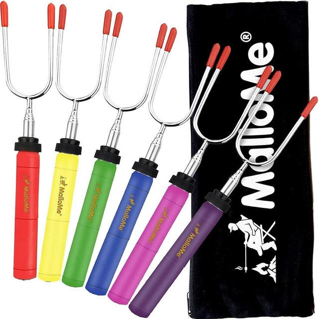 MalloMe Smores Sticks for Fire Pit - Premium 34 inch Marshmallow Roasting Sticks Smores Kit Outdoor -Accessories for Campfire- Smore Skewers Hot Dog Fork, Camping Essentials Bonfire Gear Long (6 Pack)