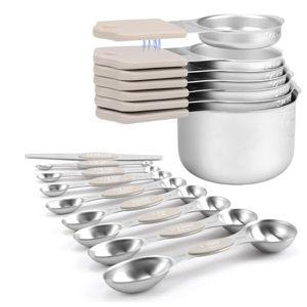 Khaki color Magnetic Measuring Cups and Spoons Set-Heavy Duty 304 Stainless Steel，Double Measurement Markings，Set of 16 with Leveler for Measure Dry and Liquid Ingredients (khaki)