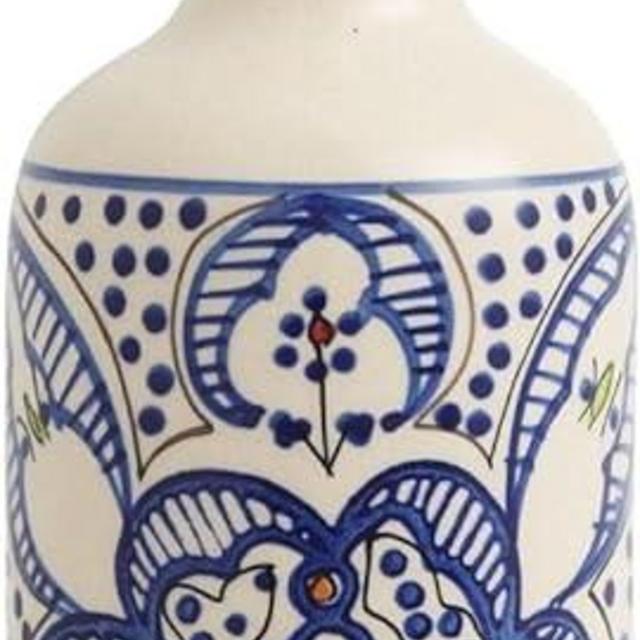 Tunis White and Blue Ceramic Olive Oil Dispenser Bottle for Kitchen - Handcrafted Olive Oil Bottle Dispenser w/ Stainless Steel Pouring Spout - Large Cooking Oil Dispenser Storage Bottle (22 Fl. Oz.)