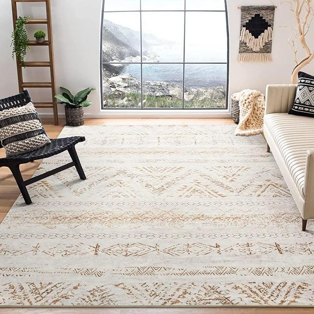 Area Rug Living Room Carpet: 5x7 Large Moroccan Soft Fluffy Geometric Washable Bedroom Rugs Dining Room Home Office Nursery Low Pile Decor Under Kitchen Table Light Brown/Ivory