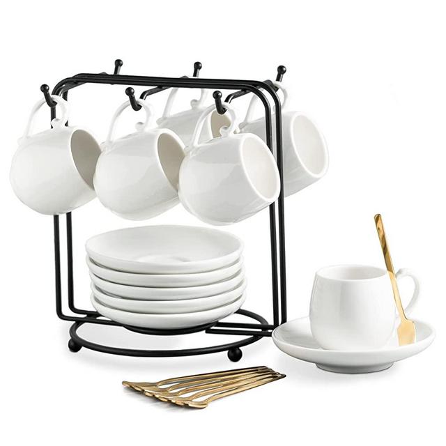 Espresso Cups with Saucers Set, 3 Ounces Porcelain Coffee Cups with Metal Stand and Spoons, Ceramic Cappuccino Coffee Cups Demitasse Cups for Espresso, Latte, Cafe Mocha and Tea, Set of 6, White
