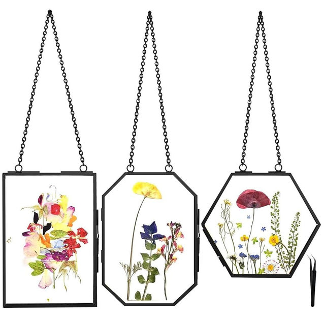 Hanging Pressed Flower Frames, 3Pcs Double Glass Floating Picture Frame Handmade, Glass Frame for Pressed Flowers, Vintage Brass Picture Frame for Artwork Wall Display Mount, Black