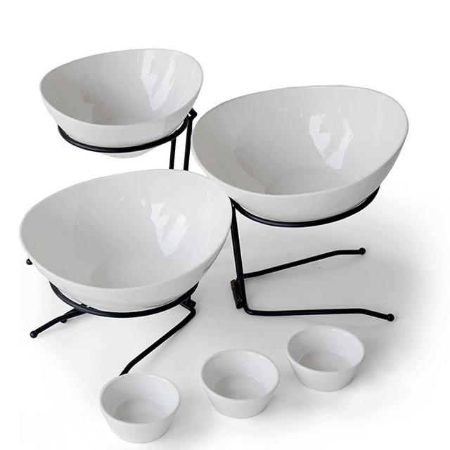 3-Tiered Serving Bowls Set – New 2022 Design -3 Individual Tiers - 2 Large Bowls and 1 Medium Bowl +3 Sauce Dishes - Elegant Chip and Dip, Fruit, Snack, Salad Bowls for Parties By Elite Creations