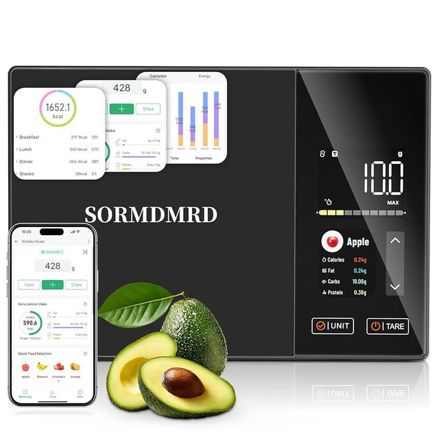 Smart Kitchen Food Scale with Nutritional Calculator, Calorie Fat Carbs Protein Tracker, Free App, Barcode Scan, Food Preload, On-Screen Nutrient Display, Personal Goals, 11 lb / 5 kg