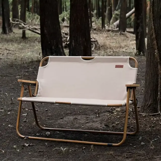 Outdoor Double Beach Chair, Folding Camping Aluminum Loveseat Chair with Wooden Armrests, Thick Oxford Cloth Material, Suitable for Indoor and Outdoor, Beige