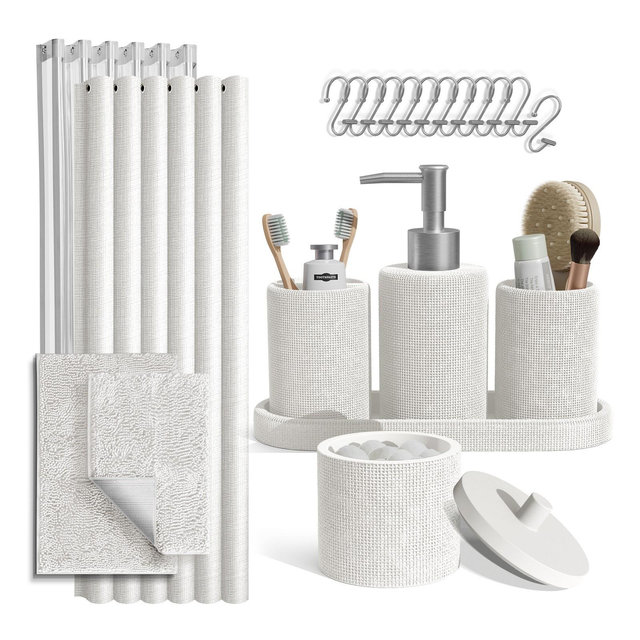 Hearth & Harbor Bathroom Accessories Set with Shower Curtain and Rugs, 21PC White Bathroom Accessory Set