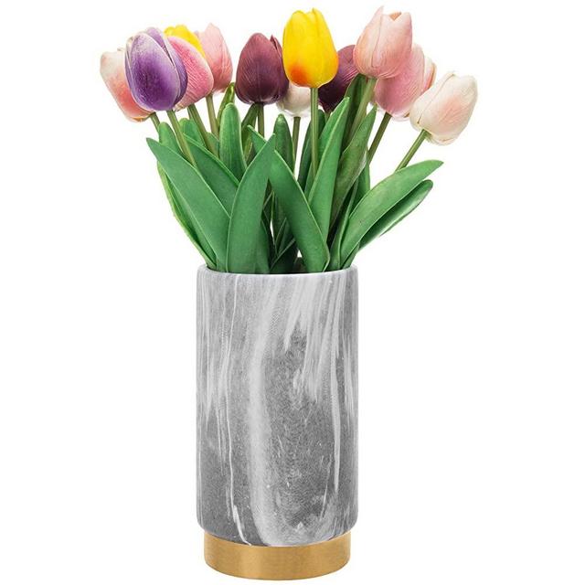 MyGift 7-inch Matte Gray Ceramic Marble Pattern Tabletop Centerpiece Floral Arrangement Flower Vase with Gold Tone Base