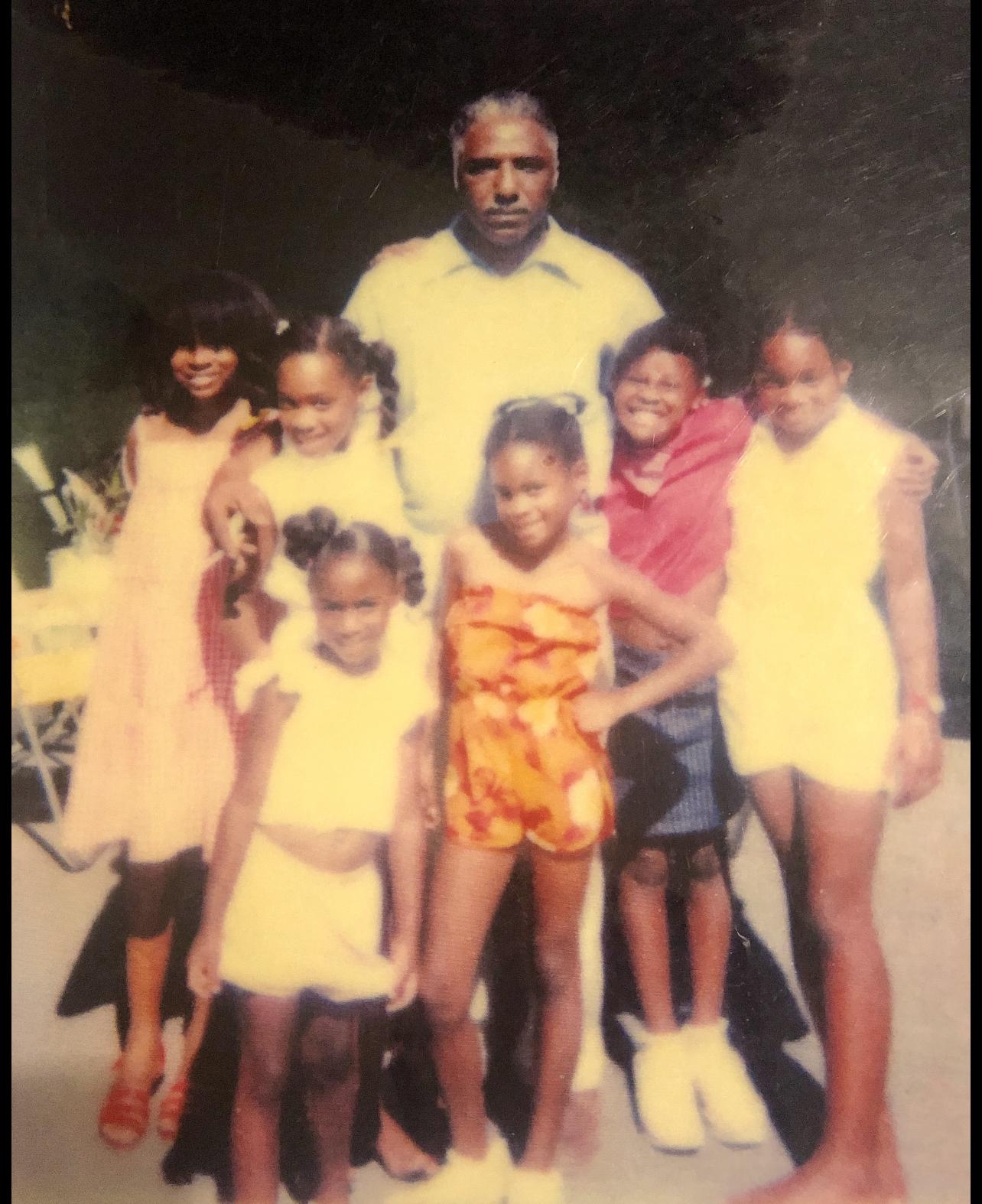 Young Tiana with her future Bridesmaids and grandfather. L to R : LaQuawn, TaSheena, Nicole, Tiana, Salina, ShaShuna, and Grandpa Curry (back)