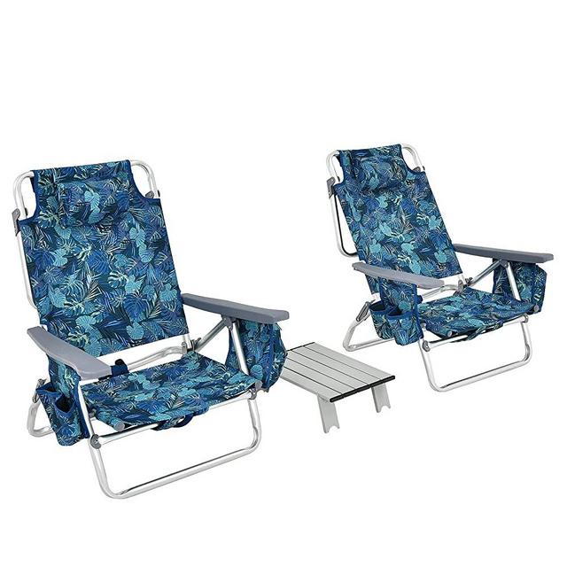 Goplus Backpack Beach Chairs, 3 Pcs Portable Camping Chairs with Cool Bag and Cup Holder, 5-Position Outdoor Reclining Chairs for Sunbathing, Fishing, Travelling (Navy, with Side Table)