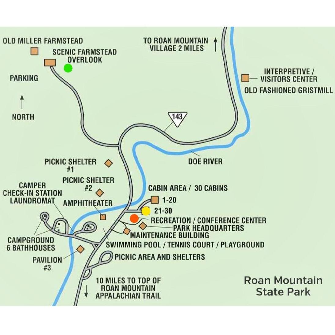 Roan Mtn State Park Map 2
Green = Ceremony site
Yellow = Cabins
Orange = Reception venue