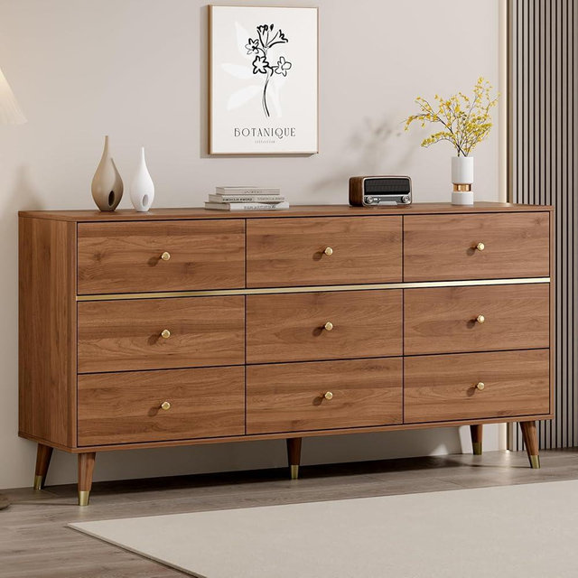 Chrangmay 9 Drawer Dresser,63" Wide Mid Century Modern Chest of Drawers,Wooden Bedroom Drawer Dresser with 9 Storage Drawers for Bedroom, Living Room,with Anti-Tipping Device,Walnuts