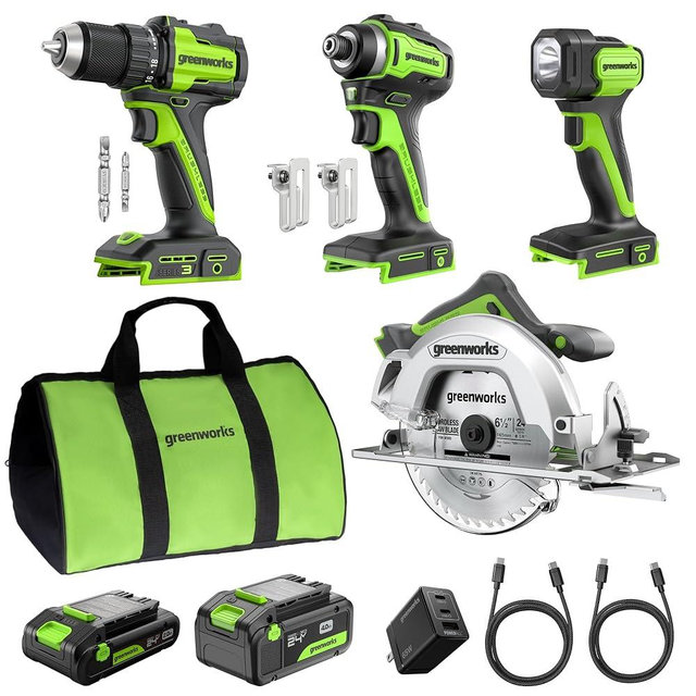 GREENWORKS 24V (4-TOOL) Combo (1/2” Drill + 1/4” Impact Driver + 6.5” Circular Saw + 200Lm Flashlight), 4.0Ah + 2.0Ah Batteries (24,000mAh Power Bank), (2) Braided Cables, 65W Rapid Charger