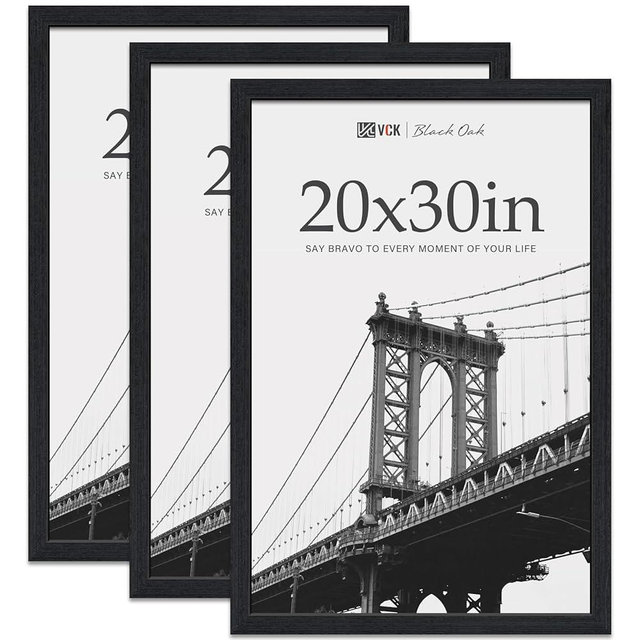 VCK 20x30 Poster Frame Black Oak - 3 Pack, Exclusive Natural Textured Solid Wood Picture Frame, Horizontal and Vertical Formats for Wall with Included Hanging Hardware