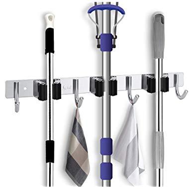 Favbal Broom Mop Holder Wall Mount Stainless Steel Wall Mounted Storage Organizer Heavy Duty Tools Hanger with 3 Racks 4 Hooks for Kitchen Bathroom Closet Office Garden