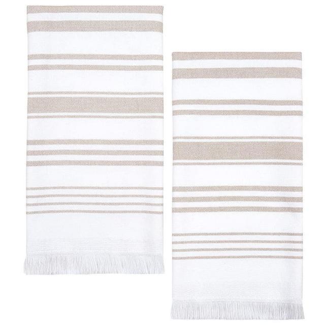 Sticky Toffee Cotton White Hand Towels Set of 2, Soft and Absorbent Terry Towels, Modern Stripe, Reusable and Quick Drying, 28 in x 16 in, Tan