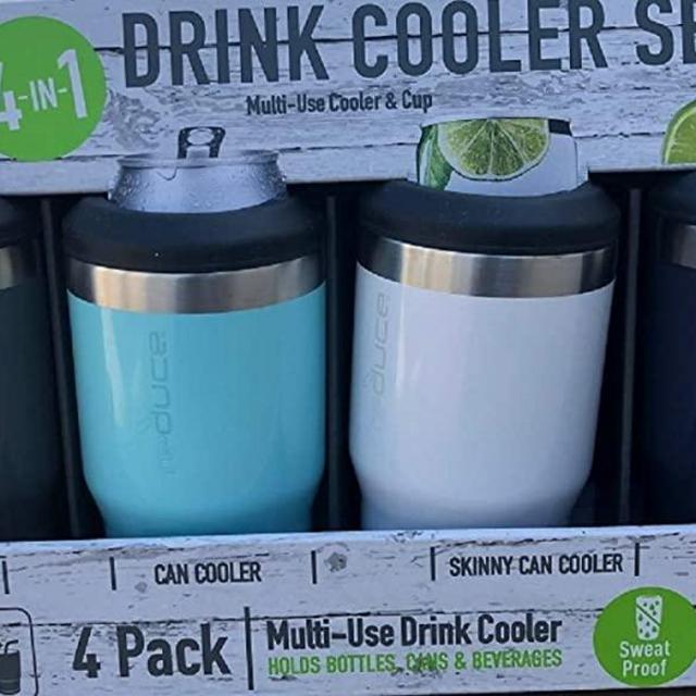 REDUCE Cold Bottle/Can Cooler, – Double Wall Vacuum Insulated Sweat-Free 4 Pack (Grey-Mint-White-Dark Blue)