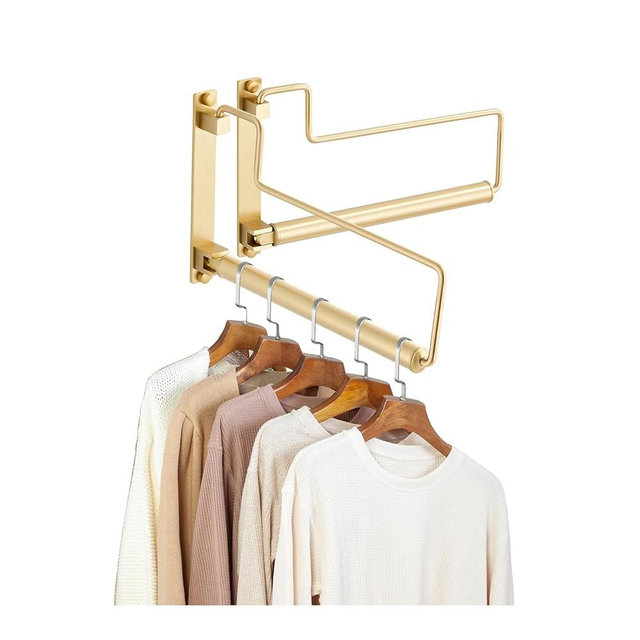 NEWRAIN Clothes Drying Rack, Laundry Racks for Drying Clothes, Wall Mounted Swing Arm Clothes Hanger for Laundry Room, Garage, Indoor & Outdoor Use,Brushed Gold
