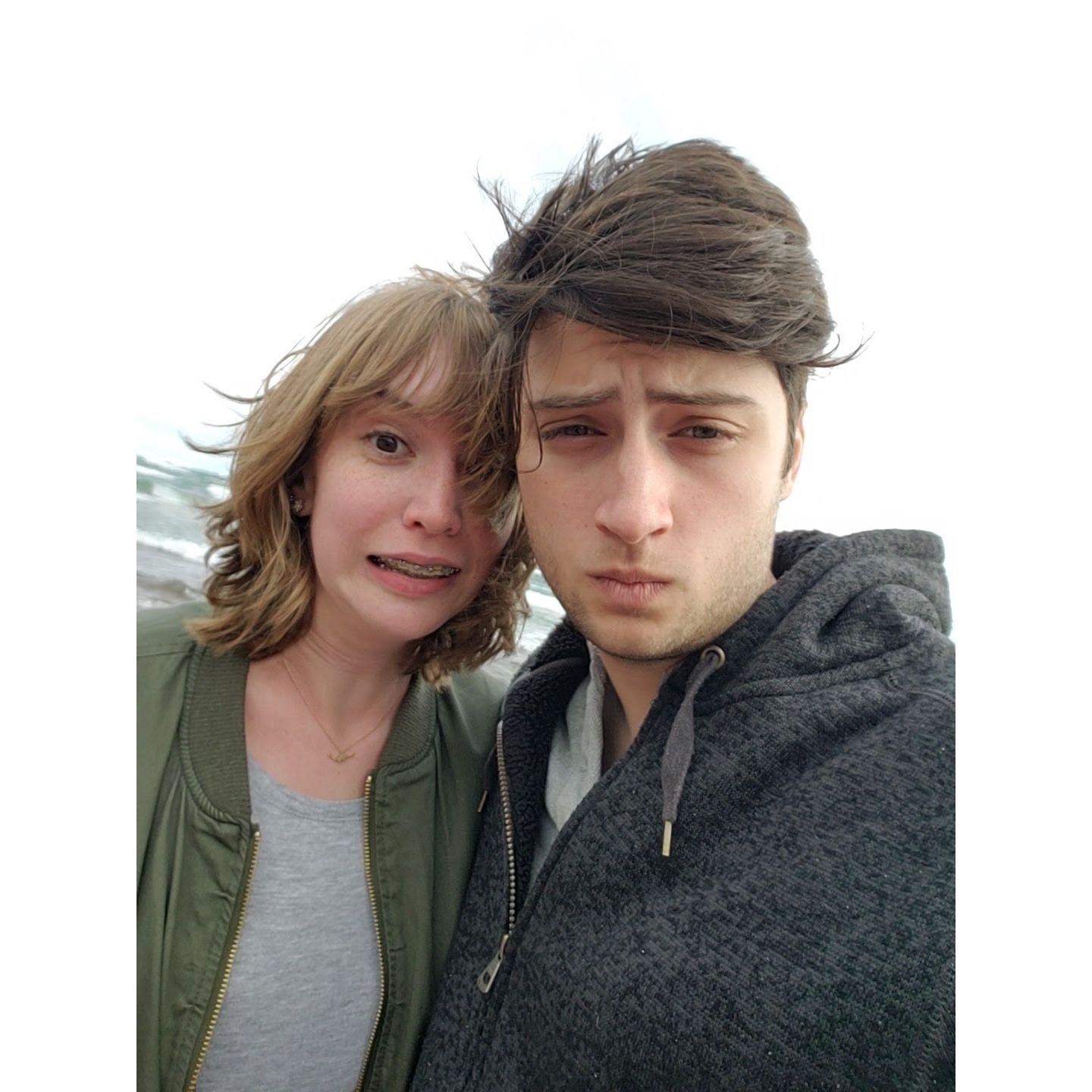 At the chilly beach in Eagle Harbor at the start of our 3rd year in college September 2018