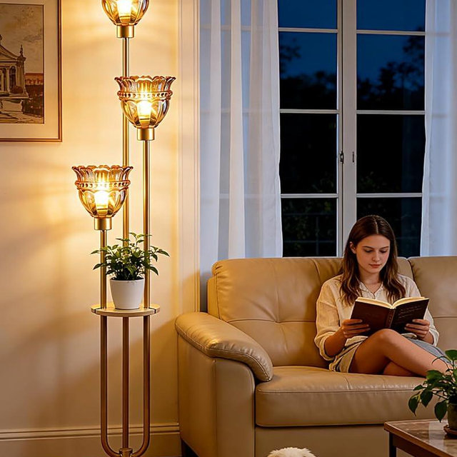 Lightdot Glass Floor Lamp for Living Room Mid Century Modern Gold Floor Lamp with Amber Glass Shade 3000K Bulbs Included Tall Standing Lamp with 5Lbs Heavy Base for Bedroom/Sofa Beside/Corner Decor