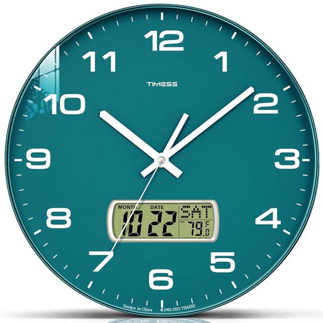 TIMESS Wall Clock, 10" Dial Non-Ticking Silent Battery Operated Analog with LCD Display for Perpetual Calendar and F° Temperature, Ideal Modern Home, Office Decor (Green)