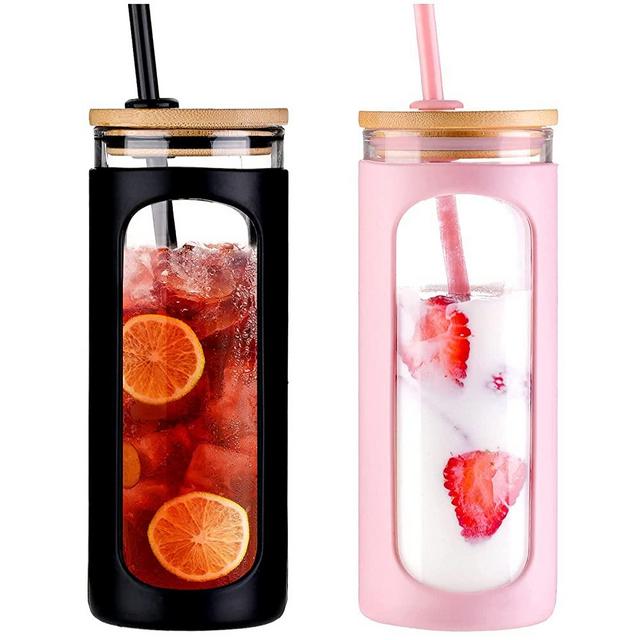 Kodrine 20oz Glass Water Bottle with Straw and Lid,Bamboo Lids Water Tumbler, Iced Coffee Cup Reusable, Wide Mouth Smoothies Cup, Straw Silicone Protective Sleeve BPA FREE--Black+Pink-2pack