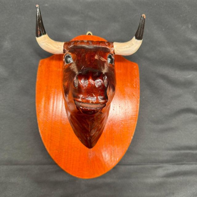 Vintage Wooden Hand Carved Bull's Head Wall Mount Folk Art