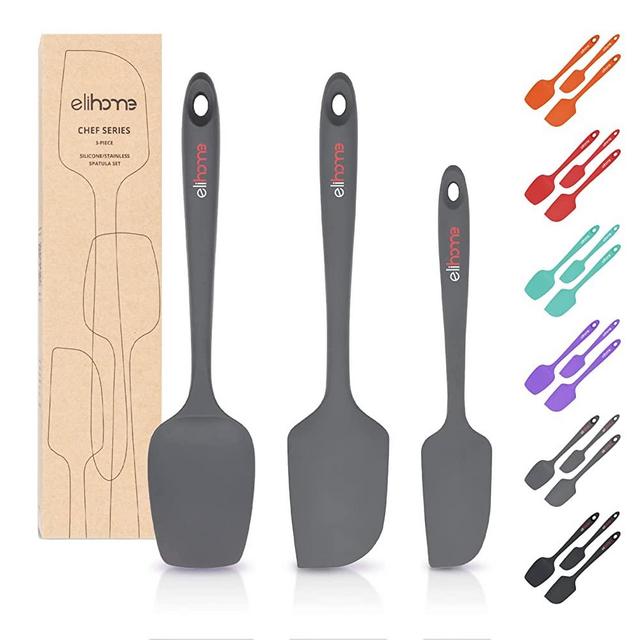 Elihome Chef Series 3 Piece Silicone Spatula Set - 600°F Heat Resistant Non Stick Rubber Kitchen Scraper Spatulas for Cooking, Baking, and Mixing – BPA Free and LFGB Certified Silicone (Grey)