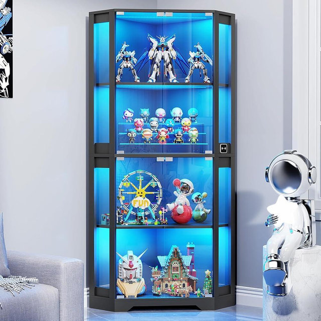 BROTTAR Corner Display Cabinet with Glass Doors, 65" Lighted Curio Cabinet with 3 Color LED Lights for Collectibles, 4-Tier Showcase Display Case with Human Body Sensor for Toys, Books, Black | 3 Color Lights, for Collectibles, 4-Tier, Display Case, Human Body Sensor, for Toys