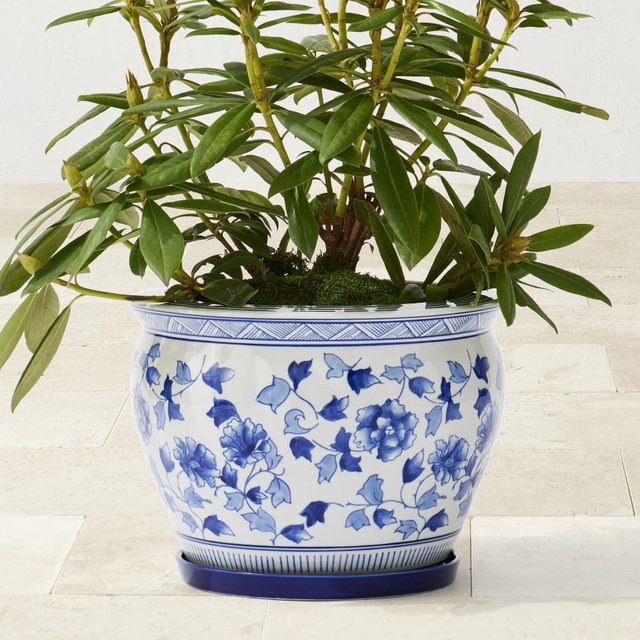 Blue and White Ceramic Planter Large with Tray