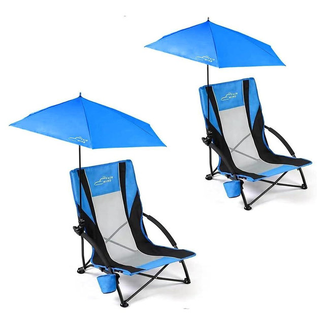 FAIR WIND 2 Pack Beach Chair with Umbrella for Adults Shade Chair Folding Backpack Portable Concert Bag Sand Chair with Cup Holder - Navy Blue with Black