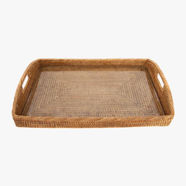 Tava Handwoven Rattan Rectangular Serving Tray With Glass Insert, Natural, 21"L X 14"W