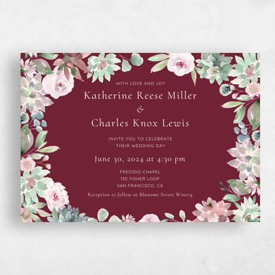 Burgundy, Red Wedding Invitation - Cricket Wreath