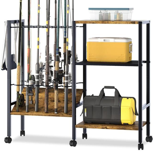 Azheruol Fishing Rod Rack Fishing Equipment Organizers With Wheels, Metal Fishing Gear Shelf Up To 12 Rods, Fishing Rod Holders Fishing Pole Storage Cart For Garage Home Entryway Corner