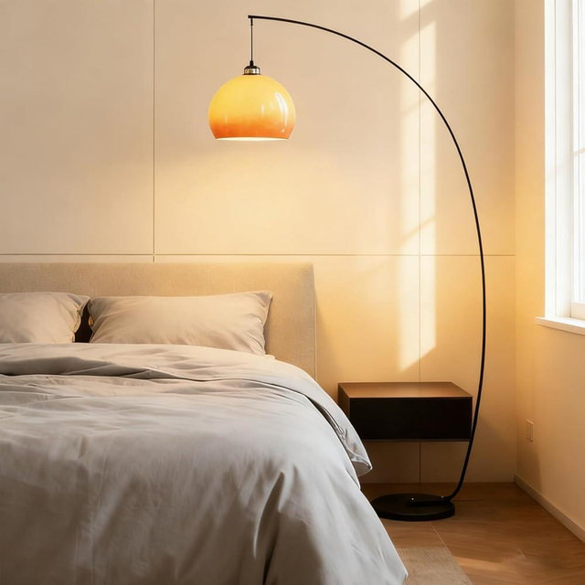 MIXL-Mid Century Orange Arc Floor Lamps,1-Lights Arched Standing Lamp with Glass Lampshade, Dimmable Floor Light with Foot Switch, Arc Reading Lamp, Standing Light for Bedroom, Living Room, Office