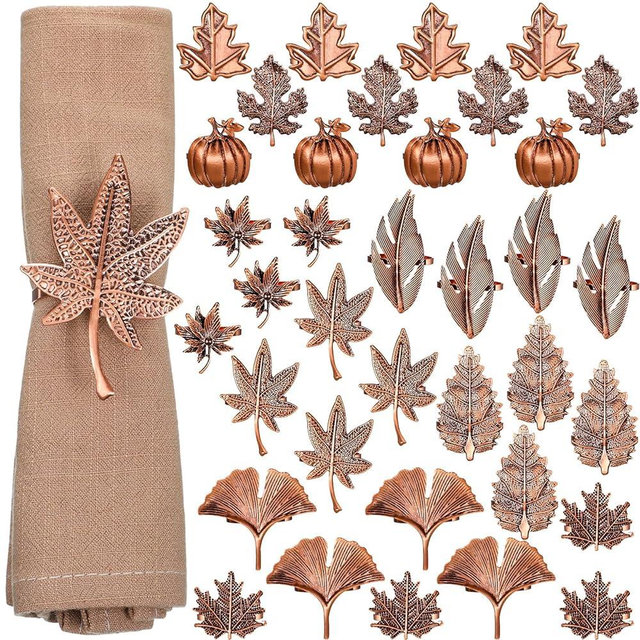 Set of 9 Thanksgiving Napkin Ring Harvest Fall Leaf Napkin Rings Pumpkin Napkin Ring Holders Vintage Alloy Metal Napkin Ring Buckle for Thanksgiving Wedding Table Supplies(Retro Brown,Classic Style)