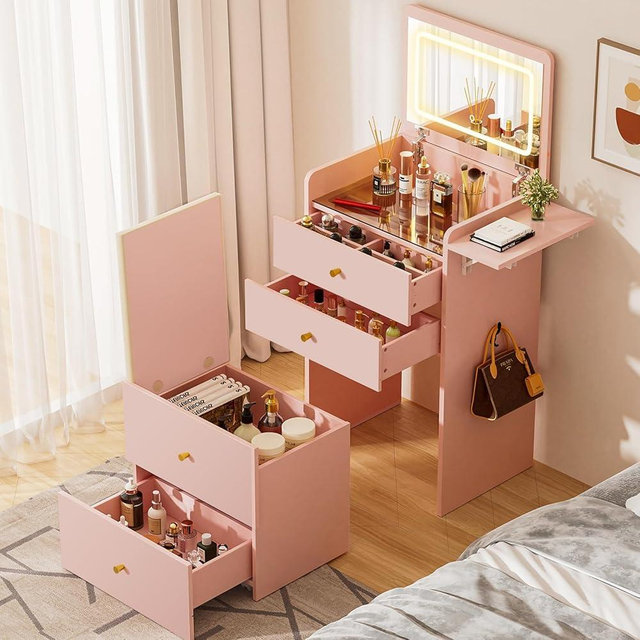 COMHOMA Makeup Vanity Desk with Mirror and Lights, Small 3 in 1 Vanity Table with Visible Glass Top, Flip Top & 3 Drawers, Compact Dresser with Storage Stool for Bedroom, Office or Nightstand