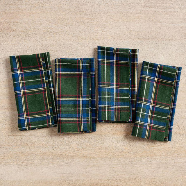 Stewart Plaid Cotton Napkins, Set of 4, 20" - Green Plaid
