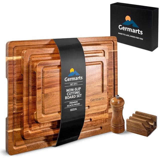 GERMARTS Wooden Cutting Board Set of 3 Acacia Wooden Cutting Boards for Kitchen Design with Holder to Home Decor, Kitchen Gadgets for Cooking, Serving, Camping and Charcuterie Boards, Includes Grinder