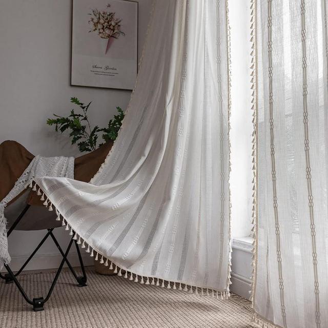 Boho Curtains Embroidery Linen Curtains 96 Inches Long 2 Pannels for Bedroom Off White Country Farmhouse Curtains Light Filtering Curtains for Living Room Rod Pocket Drapes(52" W x 96" L,White)