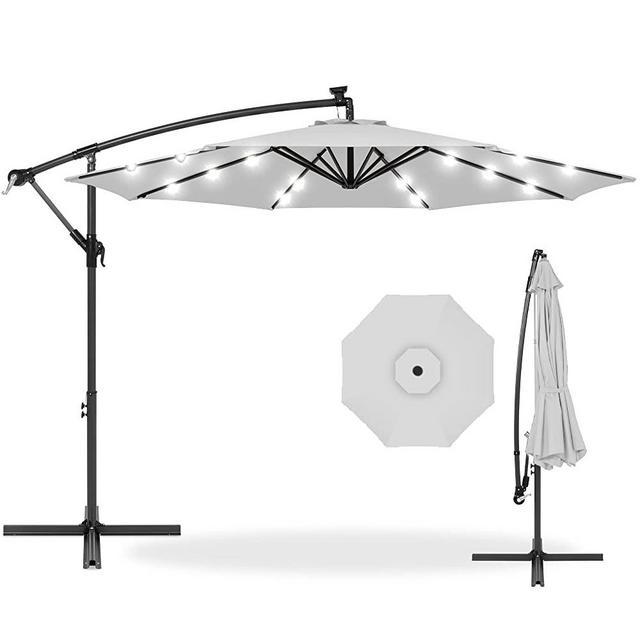 Best Choice Products 10ft Solar LED Offset Hanging Market Patio Umbrella for Backyard, Poolside, Lawn and Garden w/Easy Tilt Adjustment, Polyester Shade, 8 Ribs - Fog Gray