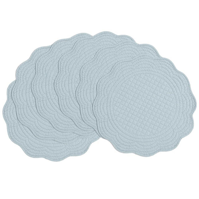 BALAPET Quilted Placemats Set of 6, 100% Cotton 14" Table Mats Farmhouse Style, Reversible Round Tabletop with Scalloped Edges for Kitchen Dinner Party Holidays (Water Blue, 6)