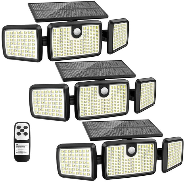 Solar Lights Outdoor, 3 Head Solar Motion Lights Outdoor with 2500LM 232 LEDs High Brightness, Built-in Bigger Tempered Glass Solar Panel, Sensitive PIR Motion Inductor(3-Pack)