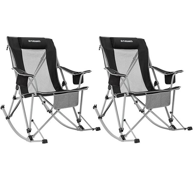 FUNDANGO 2 Pack Rocking Camping Chair,Folding Outdoor Patio Mesh Chair,Portable High Back Camp Rocker for Adults with 2 Cup Holder Headrest Armrest for Picnic Lawn Backyard Garden Travel,265 LBS