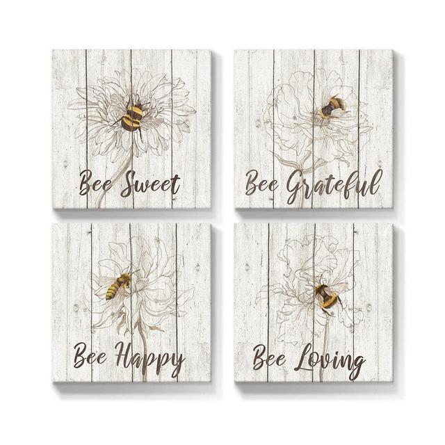 Takfot Bee Wall Decor Inspirational Wall Art Farmhouse Rustic Bathroom Decor, Motivational Quotes Brown Canvas Pictures for Bedroom Living Room Office,12"x12", set of 4