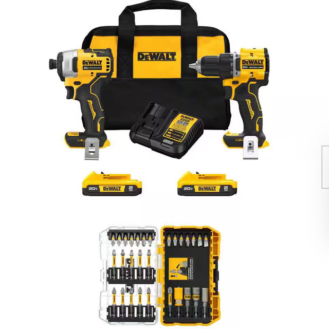 DEWALT ATOMIC 20V MAX Lithium-Ion Cordless Combo Kit (2-Tool) & 1/4 in. Bit Set (30-Piece) w/ (2) 2Ah Batteries, Charger & Bag DCK225D1W30SET