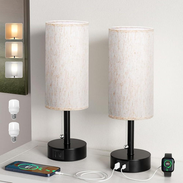 Fenmzee USB Bedside Table Lamps Set of 2-3 Color Temperatures Pull Chain Lamp with USB C and USB A Charging Ports, Two Round Night Stand Lamps for Bedroom
